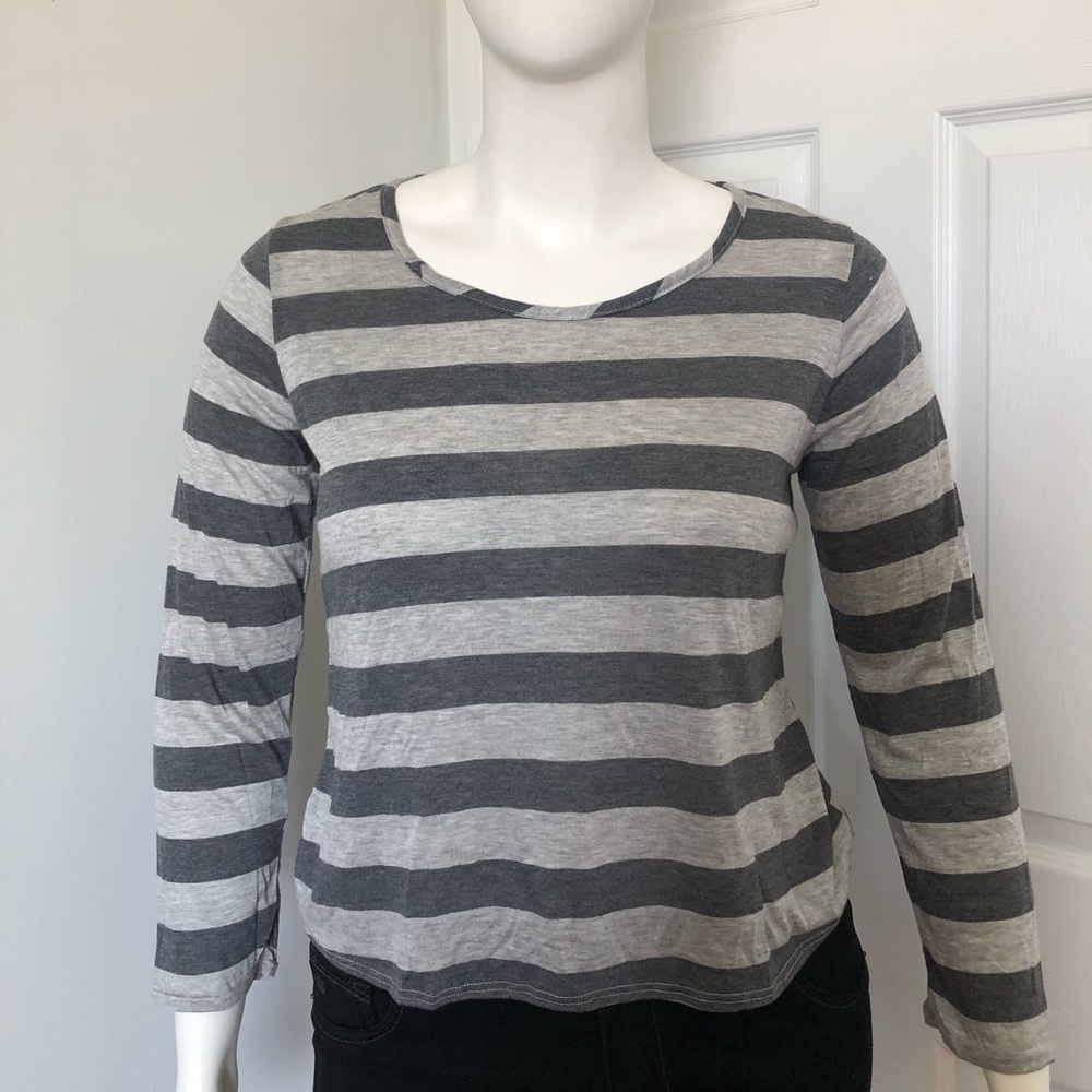 Joseph Q Gray Stripped Long Sleeve Drop Cut Top